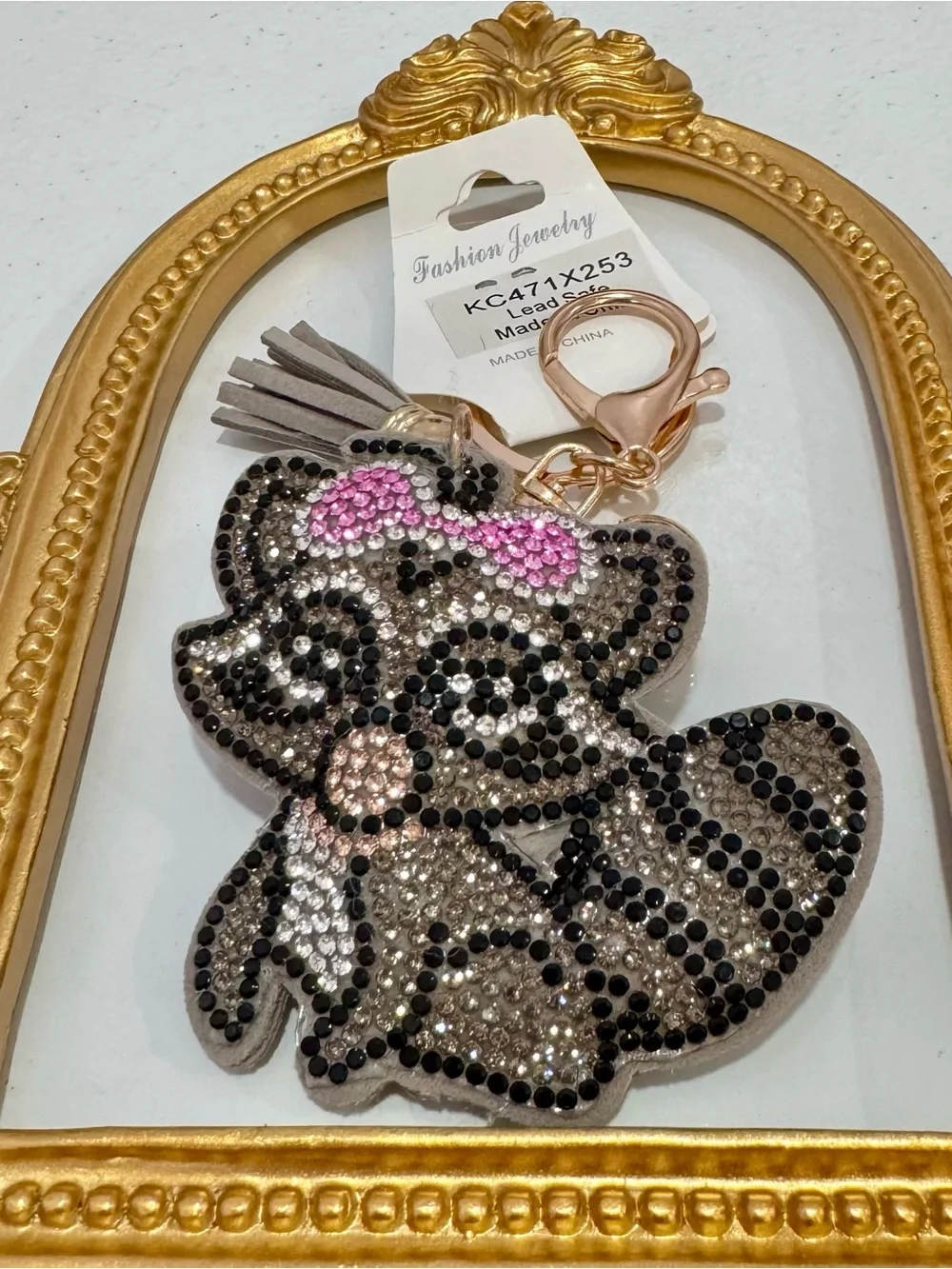 New Gray Crystal Raccoon Keychain w/ Pink Bow